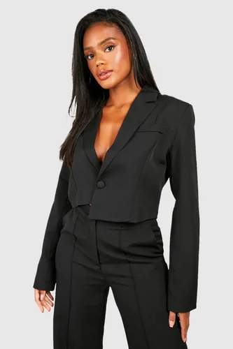 Womens Relaxed Fit Cropped Asymmetric Hem Blazer - Black - 10, Black