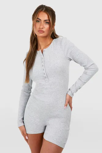 Womens Rib Button Front Playsuit - Grey - 6, Grey