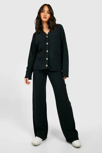 Womens Rib Knit Buttoned Cardigan & Trouser Co-Ord - Black - Xl, Black