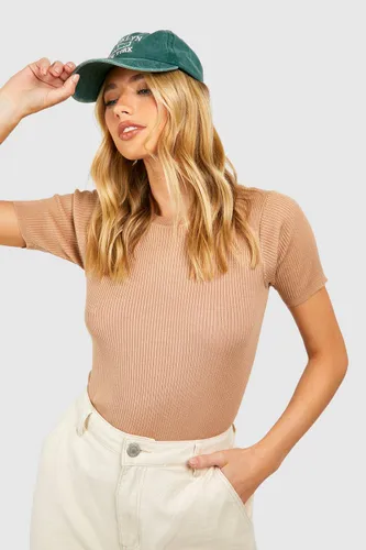 Womens Rib Knit Crew Neck Short Sleeve Knitted Top - Beige - S, Beige