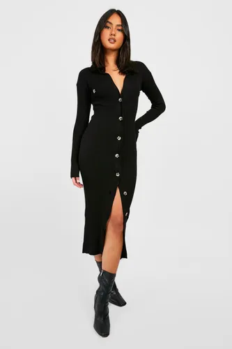 Womens Rib Knit Midi Dress With Collar Button Detail - Black - 8, Black