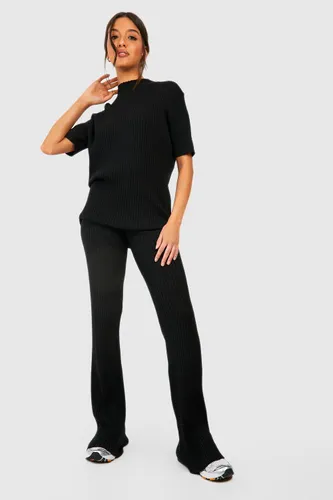 Womens Rib Knitted Tunic And Wide Leg Trouser Set - Black - M, Black