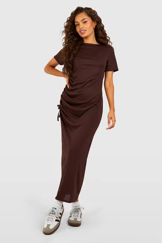 Womens Rib Oversized Rouched Midaxi T-Shirt Dress - Brown - 16, Brown