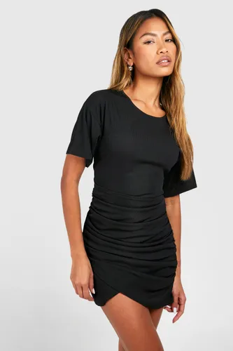Womens Rib Ruched Wrap Mini Dress - Black - 8, Black