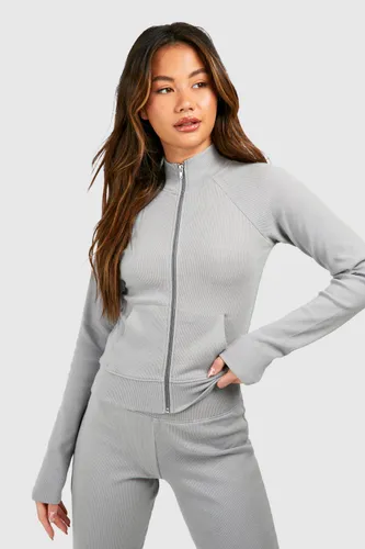 Womens Ribbed High Neck Zip Through Jacket - Grey - L, Grey