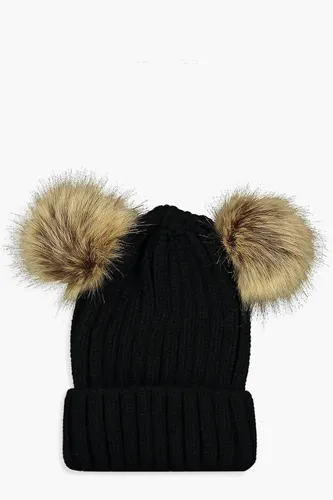 Womens Ribbed Knit Beanie With Double Faux Fur Pom - Black - One Size, Black