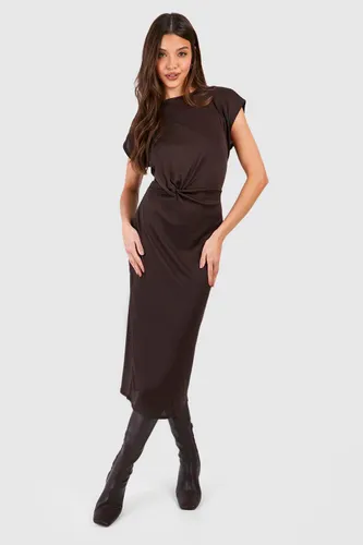 Womens Ribbed Knot Side Detail Midi Dress - Brown - 14, Brown
