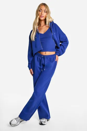 Womens Ribbed V Neck Top 3 Piece Hooded Tracksuit - Blue - S, Blue