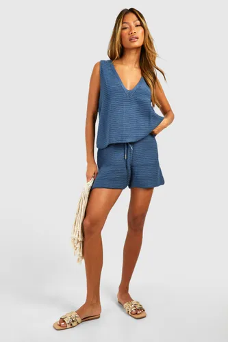 Womens Ribbed Vest Top And Short Co Ord - Blue - Xs, Blue