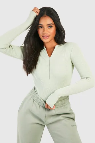 Womens Ribbed Zip Bodysuit And Jogger Set - Green - 10, Green
