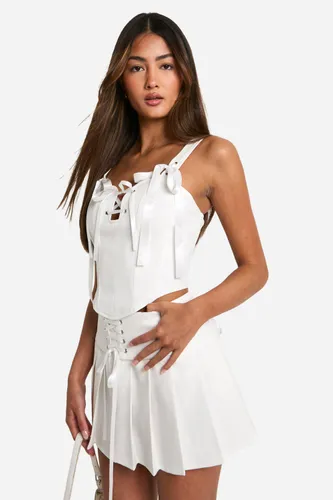 Womens Ribbon Lace Up Pleated Mini Skirt - White - 6, White