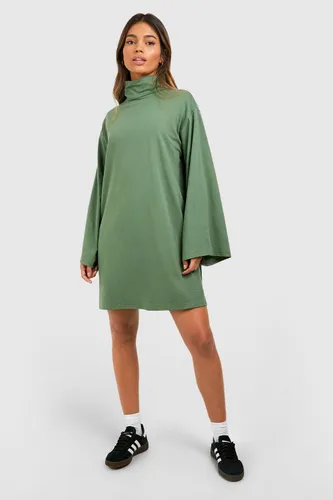 Womens Roll Neck Flare Sleeve Cotton T-Shirt Dress - Green - 8, Green