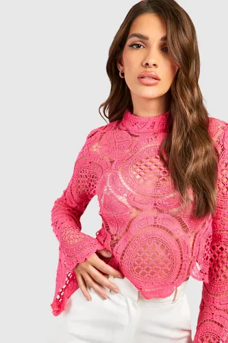 Womens Roll/Polo Neck Crochet Lace Crop Top - Pink - 8, Pink