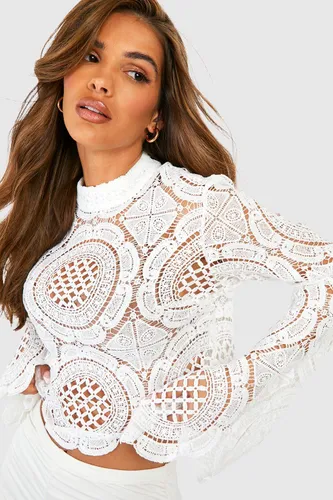 Womens Roll/Polo Neck Crochet Lace Crop Top - White - 16, White