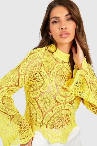 Womens Roll/Polo Neck Crochet Lace Crop Top - Yellow - 16, Yellow