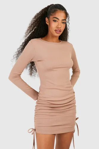 Womens Rouched Detail Ribbed Mini Bodycon Dress - Beige - 14, Beige