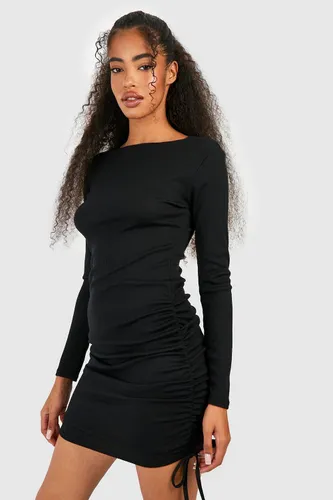 Womens Rouched Detail Ribbed Mini Bodycon Dress - Black - 10, Black