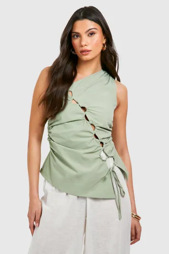 Womens Ruched Cut Out Detail Top - Green - 6, Green