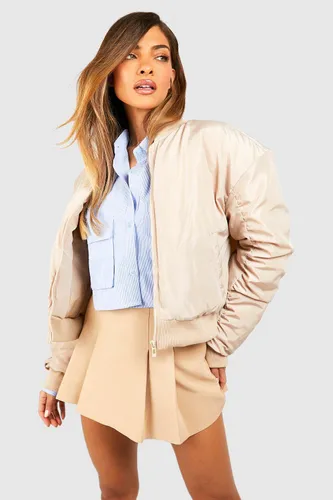 Womens Ruched Detail Oversized Bomber - Beige - 8, Beige