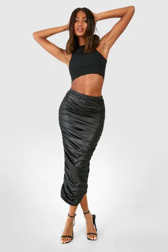 Womens Ruched Faux Leather Midaxi Skirt - Black - 6, Black