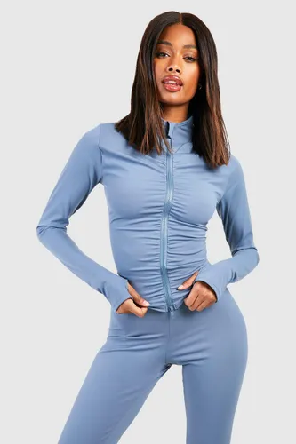 Womens Ruched Front Long Sleeve Zip Through Sports Jacket - Blue - S, Blue