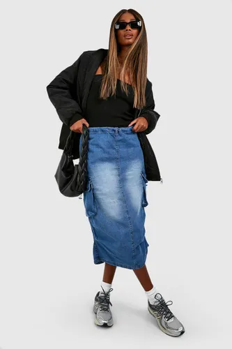 Womens Ruched Side Cargo Pocket Denim Midi Skirt - Blue - 6, Blue