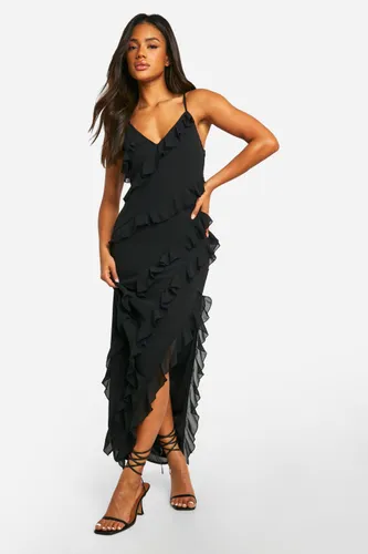 Womens Ruffle Chiffon Maxi Dress - Black - 10, Black