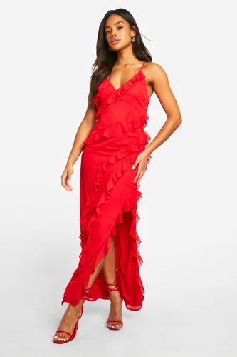 Womens Ruffle Chiffon Maxi Dress - Red - 10, Red