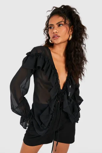Womens Ruffle Detail Tie Front Blouse - Black - 10, Black