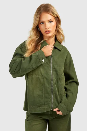 Womens Sandblast Zip Through Denim Jacket - Green - 6, Green