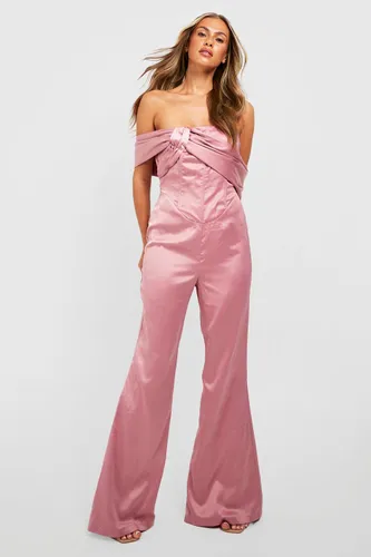 Womens Satin Bardot Corset Detail Jumpsuit - Pink - 8, Pink