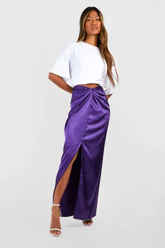 Womens Satin Bias Knotted Drape Maxi Skirt - Purple - 6, Purple