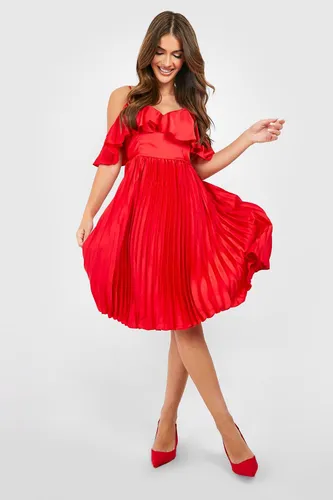 Womens Satin Cold Shoulder Ruffle Midi Dress - Red - 10, Red