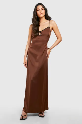 Womens Satin Contrast Binding Maxi Dress - Brown - 8, Brown