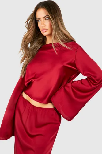 Womens Satin Cowl Neck Flared Sleeve Blouse - 6, Red