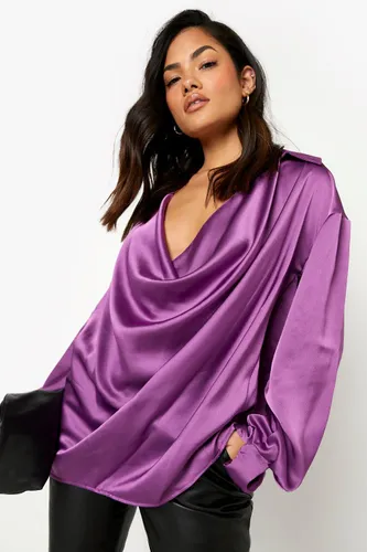 Womens Satin Cowl Neck Oversized Cuff Shirt - Purple - 10, Purple