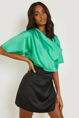 Womens Satin Cowl Neck Short Sleeve Blouse - Green - 8, Green