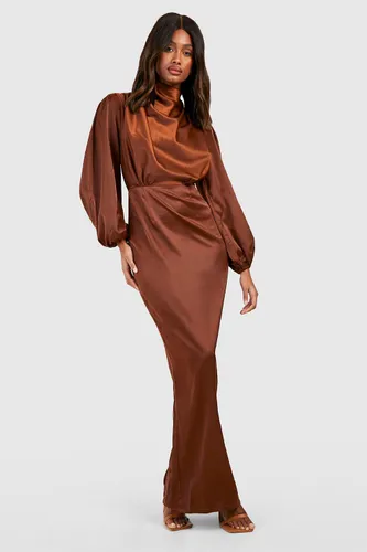 Womens Satin Cowl Neck Split Maxi Dress - Brown - 12, Brown