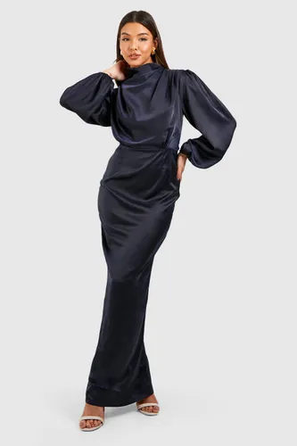 Womens Satin Cowl Neck Split Maxi Dress - Navy - 10, Navy
