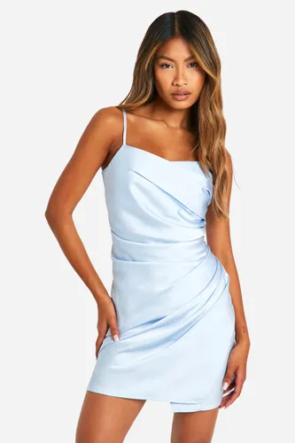 Womens Satin Draped Mini Slip Dress - Blue - 8, Blue