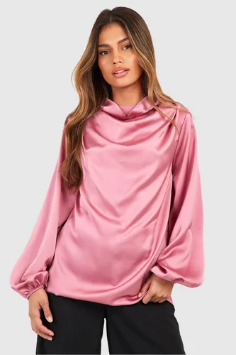 Womens Satin Draped Neck Volume Sleeve Blouse - Pink - 6, Pink