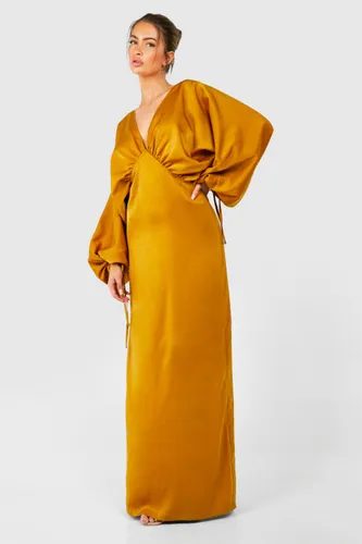 Womens Satin Extreme Blouson Sleeve Plunge Maxi Dress - Yellow - 8, Yellow