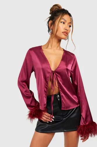 Womens Satin Feather Cuff Tie Front Shirt - Purple - 6, Purple