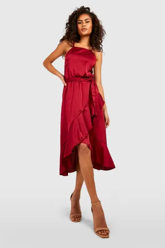 Womens Satin Frill Wrap Midi Dress - Red - 8, Red