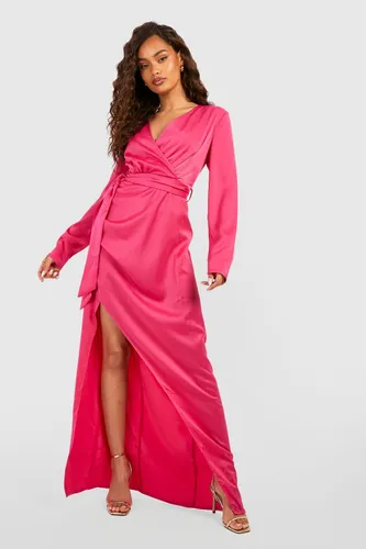 Womens Satin Long Sleeve Wrap Front Maxi Dress - Pink - 8, Pink
