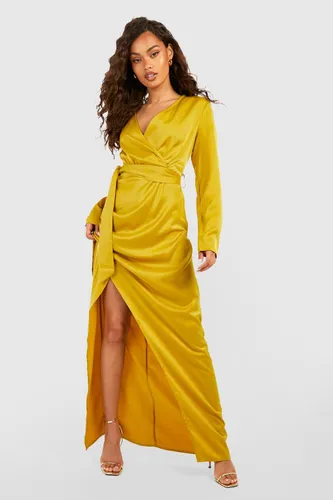 Womens Satin Long Sleeve Wrap Front Maxi Dress - Yellow - 10, Yellow