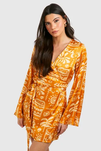 Womens Satin Printed Wrap Tie Shirt Dress - Orange - 8, Orange