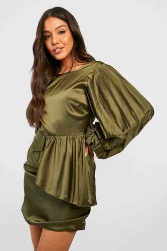 Womens Satin Puff Sleeve Ruffle Mini Dress - Green - 8, Green