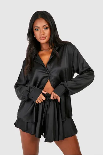Womens Satin Relaxed Fit Shirt & Flared Shorts - Black - 10, Black