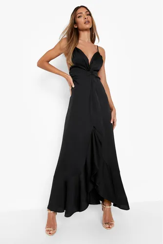 Womens Satin Ruffle Low Back Maxi Dress - Black - 18, Black